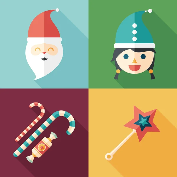 Set van platte vierkante pictogrammen. Santa. Sneeuw Maiden. Candy. Toverstaf. — Stockvector