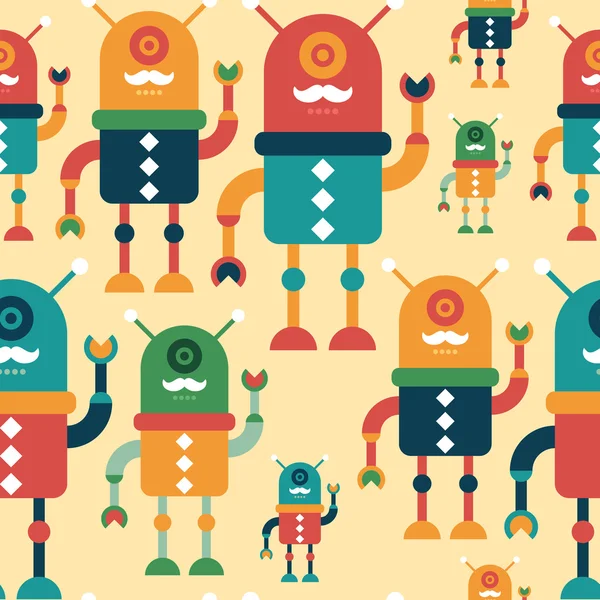 Patrón inconsútil colorido con robots hipster felices . — Vector de stock
