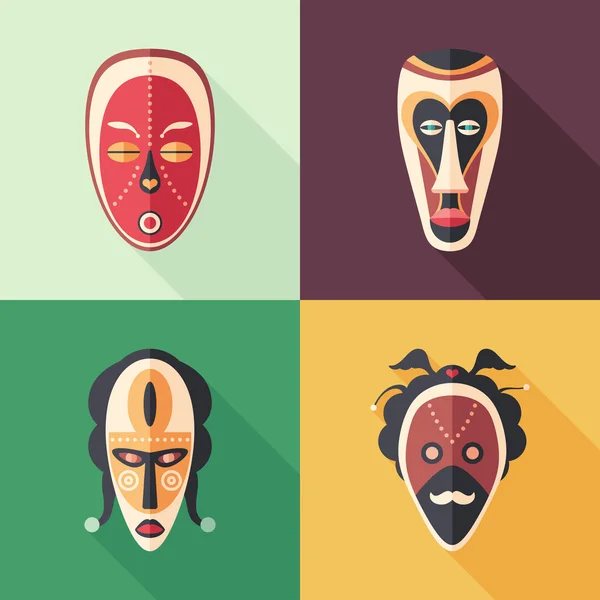 Conjunto de coloridas máscaras de carnaval iconos planos con largas sombras . — Vector de stock