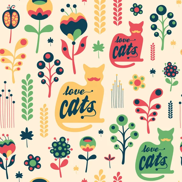 Colorful floral seamless pattern with love cats. — Stock Vector