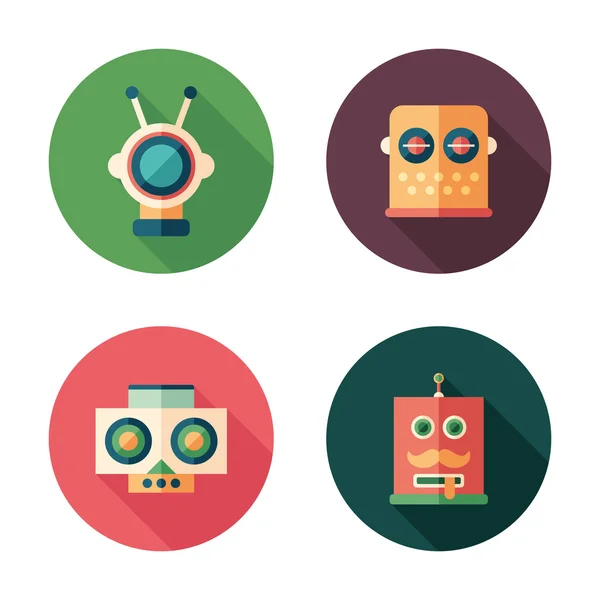 Conjunto de cabezas de robot iconos redondos planos con largas sombras . — Vector de stock