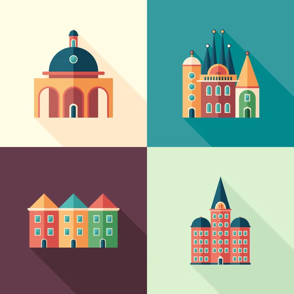 Set di edifici colorati icone quadrate piatte con lunghe ombre . — Vettoriale Stock