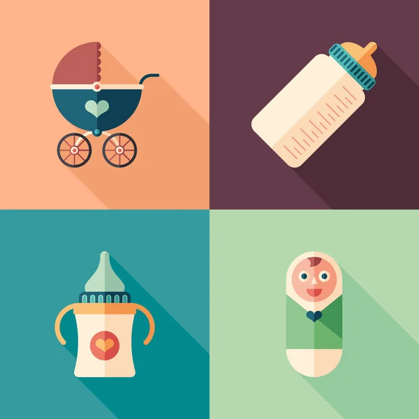 Set of colorful baby flat square icons with long shadows. — Stock Vector
