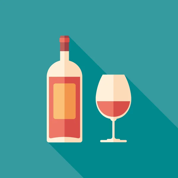 Botella de vino y copa de vino icono cuadrado plano con largas sombras . — Vector de stock