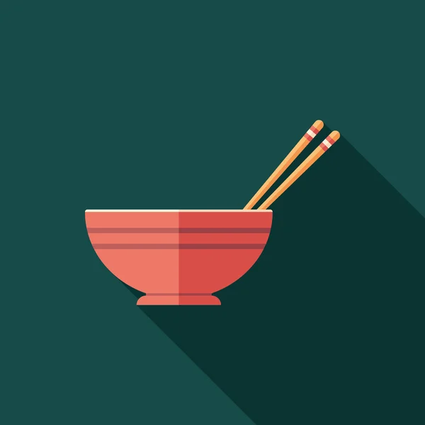 Düz kare simgesi uzun gölgeler ile kase ve yemek çubukları.