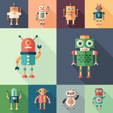 Renkli robot kümesi düz kare kutsal kişilerin resmi ile uzun gölgeler.