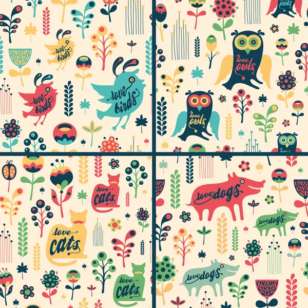Set of floral seamless patterns with birds and animals. — Stock Vector