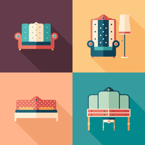 Art deco furniture flat square icons with long shadows. — Stock Vector