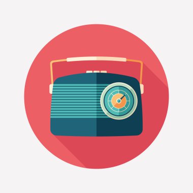 Vintage radyo düz mavi yuvarlak uzun gölgeler simgesiyle.
