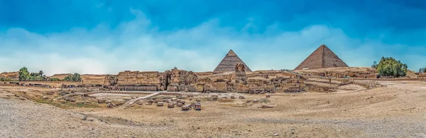 Mısır Daki Piramit Kompleksinin Geniş Açılı Panoramik Görüntüsü Büyük Sfenks Telifsiz Stok Imajlar