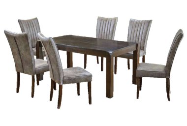 Yemek masası ve beyaz arka planda izole sandalyeler. Lüks ve modern yemek masaları farklı tarz ve boyutlarda. Taş masa üstü, sertleştirilmiş cam, ahşap masa üstü ve rahat yemek sandalyeleri..