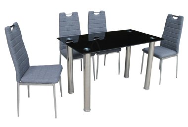 Yemek masası ve beyaz arka planda izole sandalyeler. Lüks ve modern yemek masaları farklı tarz ve boyutlarda. Taş masa üstü, sertleştirilmiş cam, ahşap masa üstü ve rahat yemek sandalyeleri..