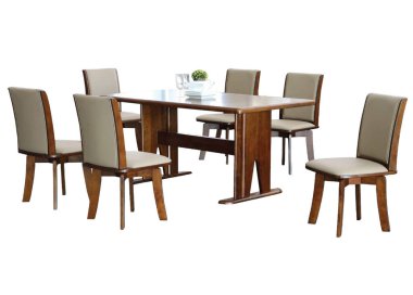 Yemek masası ve beyaz arka planda izole sandalyeler. Lüks ve modern yemek masaları farklı tarz ve boyutlarda. Taş masa üstü, sertleştirilmiş cam, ahşap masa üstü ve rahat yemek sandalyeleri..