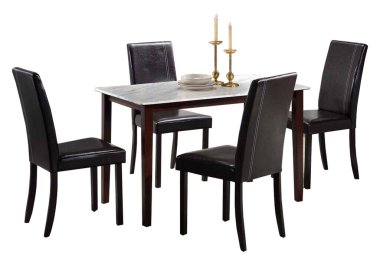 Yemek masası ve beyaz arka planda izole sandalyeler. Lüks ve modern yemek masaları farklı tarz ve boyutlarda. Taş masa üstü, sertleştirilmiş cam, ahşap masa üstü ve rahat yemek sandalyeleri..