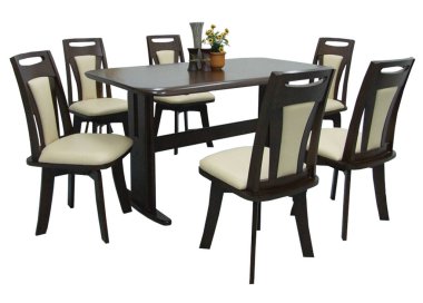 Yemek masası ve beyaz arka planda izole sandalyeler. Lüks ve modern yemek masaları farklı tarz ve boyutlarda. Taş masa üstü, sertleştirilmiş cam, ahşap masa üstü ve rahat yemek sandalyeleri..