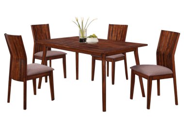 Yemek masası ve beyaz arka planda izole sandalyeler. Lüks ve modern yemek masaları farklı tarz ve boyutlarda. Taş masa üstü, sertleştirilmiş cam, ahşap masa üstü ve rahat yemek sandalyeleri..