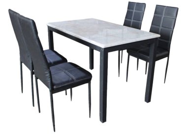Yemek masası ve beyaz arka planda izole sandalyeler. Lüks ve modern yemek masaları farklı tarz ve boyutlarda. Taş masa üstü, sertleştirilmiş cam, ahşap masa üstü ve rahat yemek sandalyeleri..