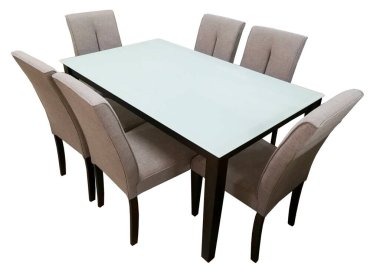 Yemek masası ve beyaz arka planda izole sandalyeler. Lüks ve modern yemek masaları farklı tarz ve boyutlarda. Taş masa üstü, sertleştirilmiş cam, ahşap masa üstü ve rahat yemek sandalyeleri..