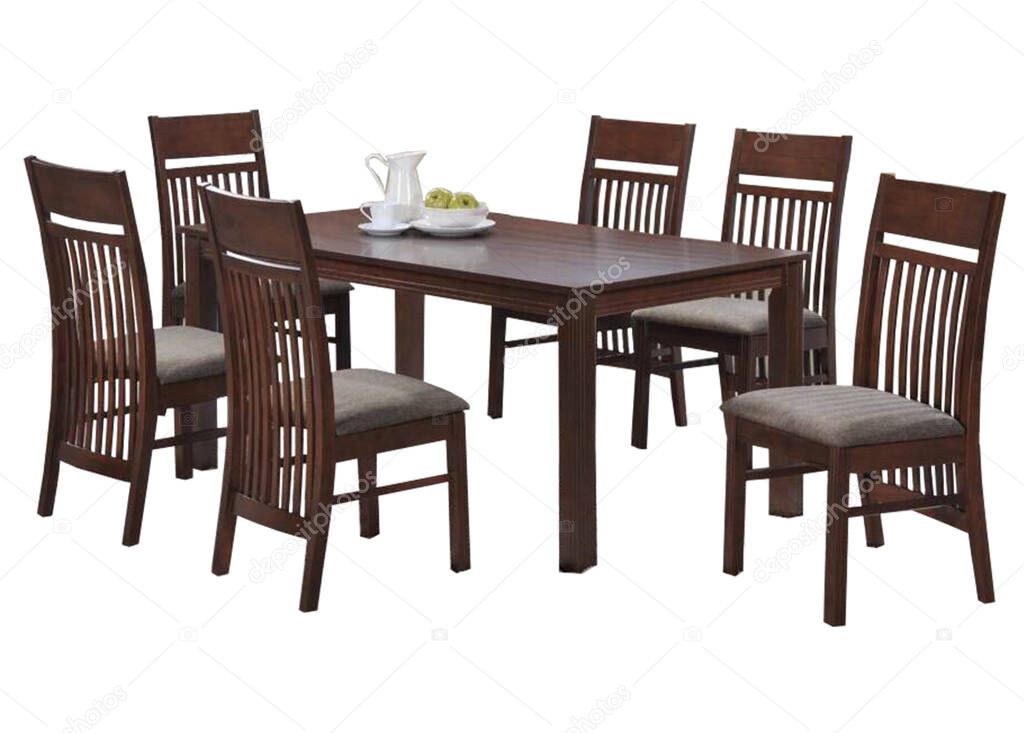 Dining Table and chairs isolated on white background. Luxury and modern dining table sets in different style and sizes. Stone table top, tempered glass, wooden table top and comfortable dining chairs.
