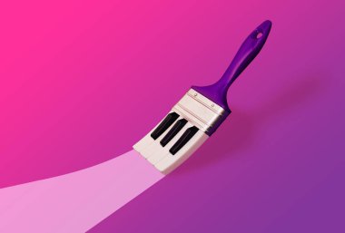 Piyano tuşlu boya fırçasından yapılmış yaratıcı bir sahne. Canlı, kalın, pembe arkaplanı fotokopi uzayı ile boyayan parlak bir iz. Estetik, soyut, sürrealist, minimal, müzik fikri.