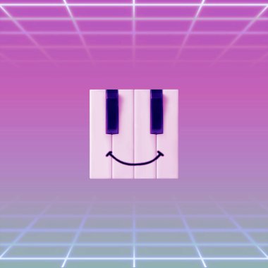 Canlı mor, pembe ve yeşil arkaplanlı perspektif ızgaralı piyano tuşlarından oluşan yaratıcı bir ifade. Soyut müzik sahnesi. Asgari buhar dalgası ya da siber punk gülen surat emojisi 3D illüstrasyon.