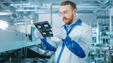 Yüksek Teknoloji Fabrikası: Kalite Kontrol Müfettişi Elektronik Yazılı Devre Panosunu Hasar Kontrol Ediyor. Yüzey Mount Pick ve Place Technology ile PCB için Arkaplan Assembly Line 'da.
