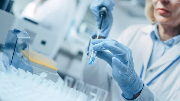 Közelkép a kéz a kesztyűben Micro Pipette használata közben dolgozik Test Tubes. Emberek az innovatív gyógyszerészeti laboratóriumban modern orvosi berendezésekkel a genetikai kutatáshoz. — Stock Fotó