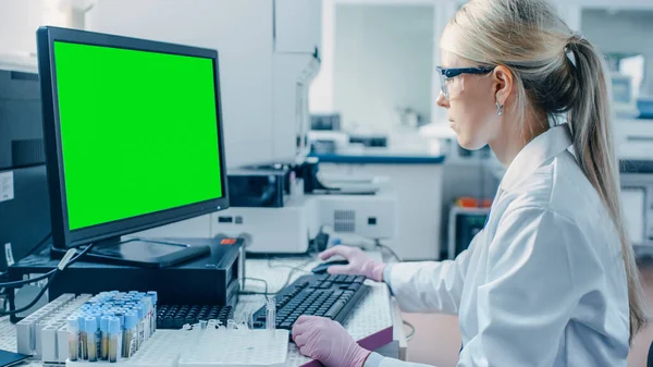 Female Research Scientist Sits at His Workplace in Laboratory, Uses Green Mock-up Screen Personal Computer. En el fondo Genética, Centro de Investigación Farmacéutica. —  Fotos de Stock