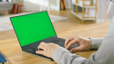 Profesyonel Freelancer Yeşil Makyaj Ekranı ile bir dizüstü bilgisayarda çalışıyor..