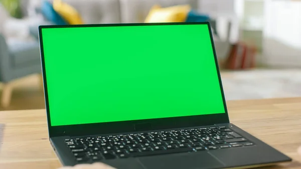 El hombre utiliza el ordenador portátil con pantalla falsa verde mientras está sentado en el escritorio en su acogedora sala de estar. —  Fotos de Stock