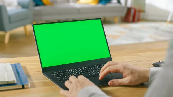 专业的自由职业者坐在舒适的客厅里的办公桌前，在装有绿色模拟屏幕的笔记本电脑上工作. — 图库照片