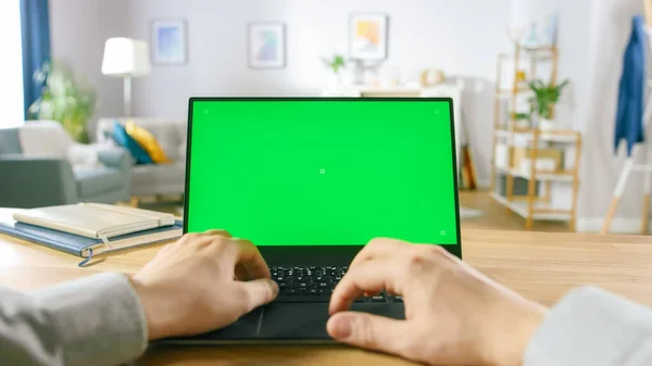 Primera Persona Primer plano Shot Man utiliza el ordenador portátil con pantalla verde simulada mientras está sentado en el escritorio en su acogedora sala de estar. —  Fotos de Stock