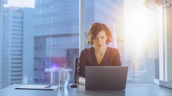 Schöne erfolgreiche Geschäftsfrau arbeitet an einem Laptop in ihrem Büro mit Cityscape View Window. Starke CEO-Frau führt Business Company Die Sonne brennt hinter ihr. — Stockfoto