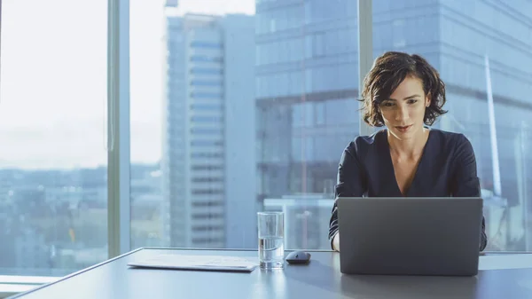 Prachtige succesvolle vrouwelijke CEO werkt op een laptop in haar moderne zonnige kantoor met uitzicht op het stadsgezicht. Sterke vrouwelijke bedrijfsleider. — Stockfoto