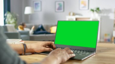 Green Mock-up Screen ile dizüstü bilgisayarda yazan Mans Hands 'in Omuz Çekimi' nin üzerinden. Arka plandaki rahat oturma odasında bir kadın kanepenin üzerinde dinleniyor..