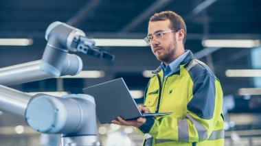 Fabrikada: Otomasyon Mühendisi Robotik Kol Programı için Dizüstü bilgisayar kullanıyor. Otomatik Üretim Endüstrisinde Yeni Dönem.