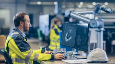 Fabrikada: Makine Mühendisi Bilgisayar 'da çalışıyor, CAD 3 boyutlu motor modeli tasarlıyor. Arkaplanda Fabrika İşçileri ve İşleyen Robotik Kollarda.
