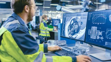 Fabrikada: Makine Mühendisi Bilgisayar 'da çalışıyor, CAD 3 boyutlu motor modeli tasarlıyor. Arkaplan Fabrikası İşçi ve Üretim Sürecinde.