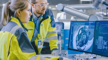 Fabrikada Erkek Makine Mühendisi ve Kadın Mühendis Kişisel Bilgisayarda Birlikte Çalışıyor, Robotik Kollar İçin 3D Motor Modelinin Detaylarını Tartışıyorlar..
