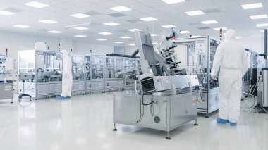 Steril Yüksek Hassas İmalat Laboratuvarı Koruyucu Kapsamlı Bilimadamlarının Makineyi açtığı, Bilgisayar ve Mikroskop kullandığı, İlaç, Biyoteknoloji ve Yarı iletken