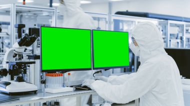 Koruyucu Giysiler Bilim Adamlarının Yeşil Ekran Kroma Anahtar Şablonu ile Kişisel Bilgisayarda Çalışırken Omuz Görünümü Üzerinde Laboratuvarda. Manufactory İlaç Ürünleri Üretimi