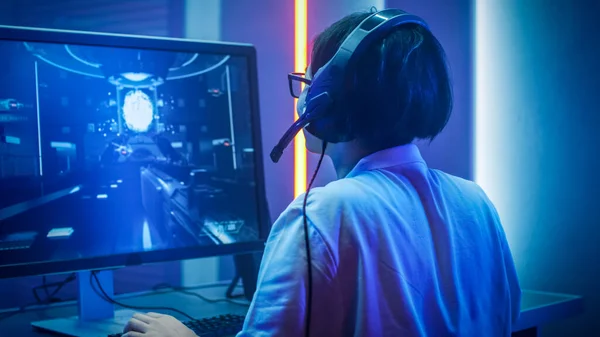 Man Streaming Multiplayer Online First Person Shooter on Pc while Gaming  Girl is Fighting in Virtual Reality Game Stock Photo - Image of headphones,  stream: 259471122