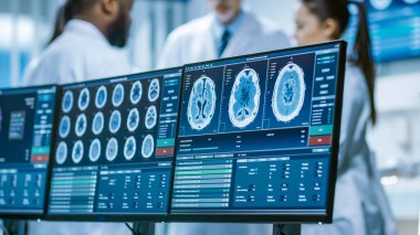 Bilgisayar ekranı MRI 'ı gösteriyor, beyin tomografisi. Beyin Araştırma Laboratuvarı 'ndaki Tıp Bilimcileri Ekibi' nin Arkaplan Toplantısında. Nörologların Analitik Bilimleri Var