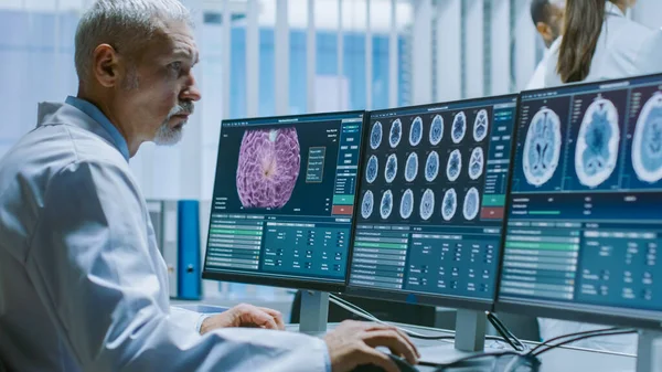 Старший науковий співробітник з медичних досліджень працює з скануванням мозку на його персональному комп'ютері. Сучасна лабораторія працює над неврофізіологією, наукою, нейрофармакологією. Розуміння людського мозку. — стокове фото