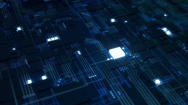 Mikro çipler ve Prosessorlarla dolu bir Geleceğin Elektronik Devre Tahtasının 3 boyutlu görüntüsü. Teknoloji Arkaplan kavramı.