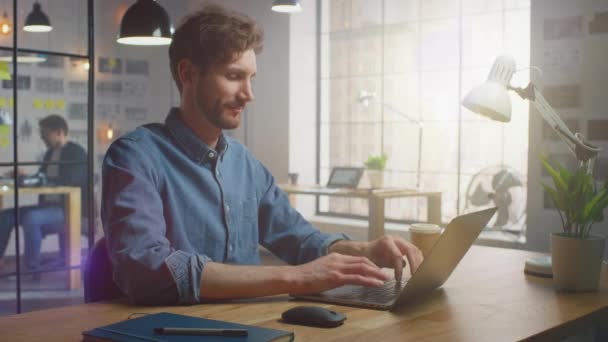 Schöner kreativer Mann im Jeans-Hemd arbeitet auf einem Laptop in seinem sonnigen Loft-Büro. Er sieht cool aus und hat einen Bart. Kollege arbeitet neben einem Stimmungsbrett im Hintergrund. Büro hat ein großes Fenster. — Stockvideo