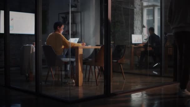 Female Manager lucrează pe laptop în Creative Office — Videoclip de stoc