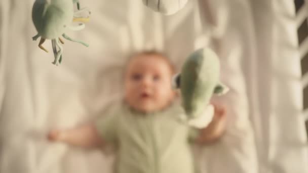 Новорожденный взволнован повешением детских игрушек — стоковое видео