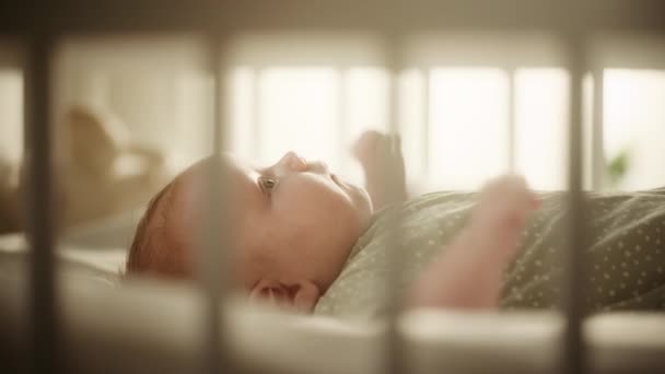 Toddler Child Lying in a Crib — Stock Video