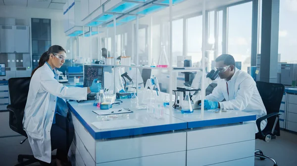 Modern Medical Research Laboratory: Team of Scientists Working with Pipette, Analysing Biochemical Samples, Talking (dalam bahasa Inggris). Lab Ilmiah untuk Kedokteran, Pengembangan Mikrobiologi. Peralatan Lanjutan — Stok Foto